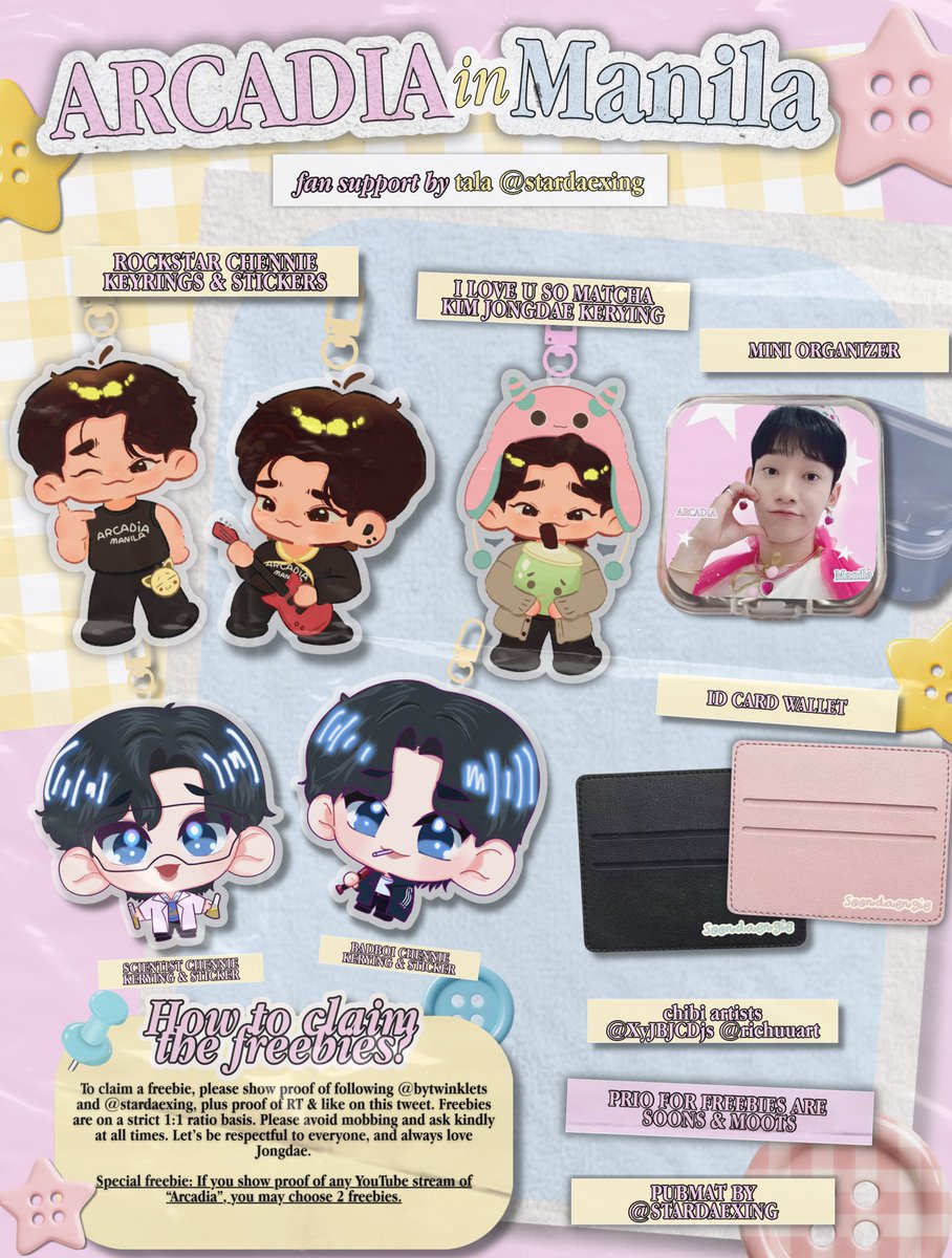 ── .✦ #ArcadiaMANILA ‧₊˚ ☁️⋅♡
𝐟𝐚𝐧 𝐬𝐮𝐩𝐩𝐨𝐫𝐭 𝐛𝐲 𝐭𝐚𝐥𝐚 ⭐️

★ id card wallet, mini organizer, stickers &amp; keyrings ♡
★ pls read pubmat for full mechanics ᵕ̈ ( will be strict with this one to avoid mobbing )
★ prio on the spot trades but moots can dm &amp;
