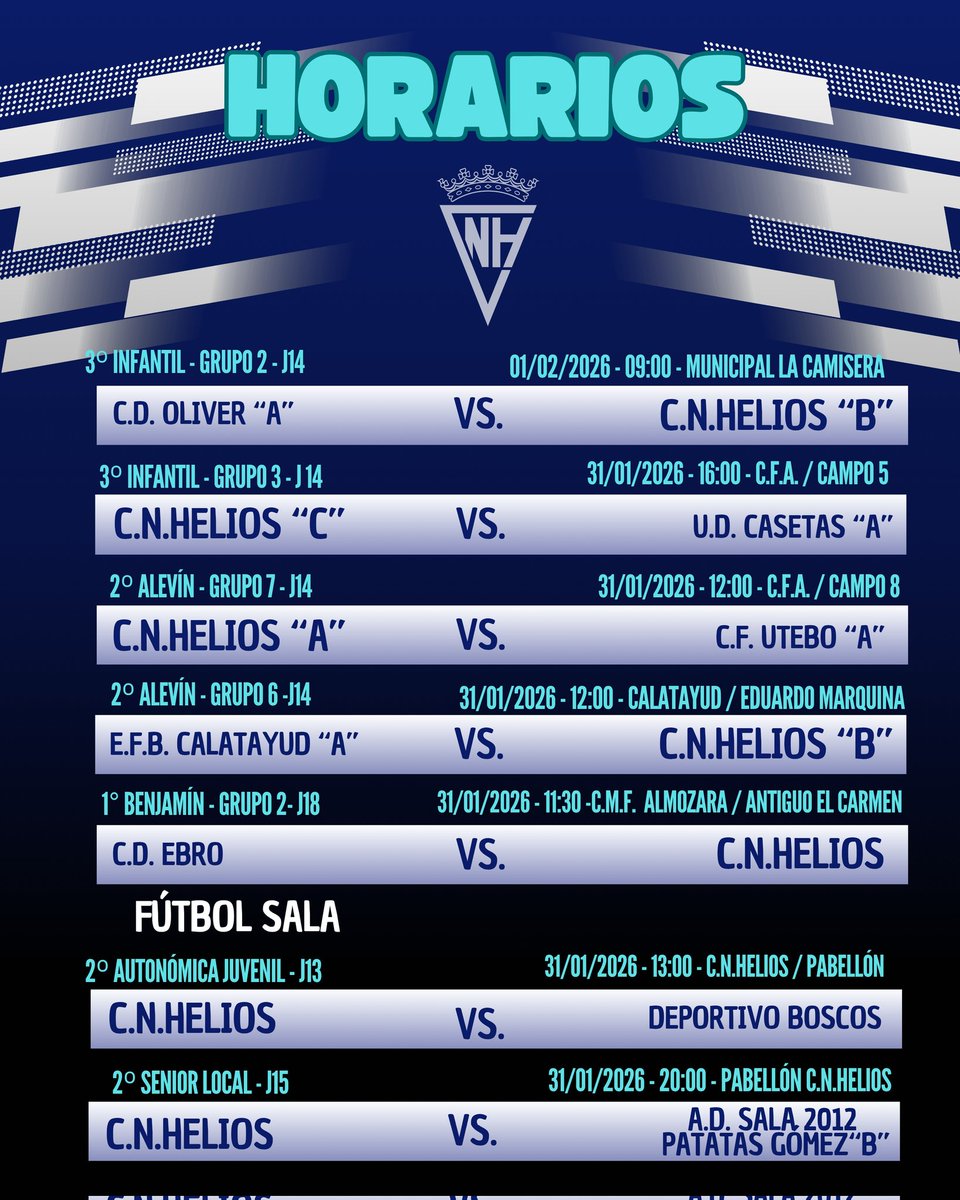 ¡Horarios de la jornada! 📅 Estos son los horarios de todos nuestros equipos para este fin de semana. ¡No te los pierdas! ⚽️🔵⚪

<a href="/cnhelios/">C.N. HELIOS</a>