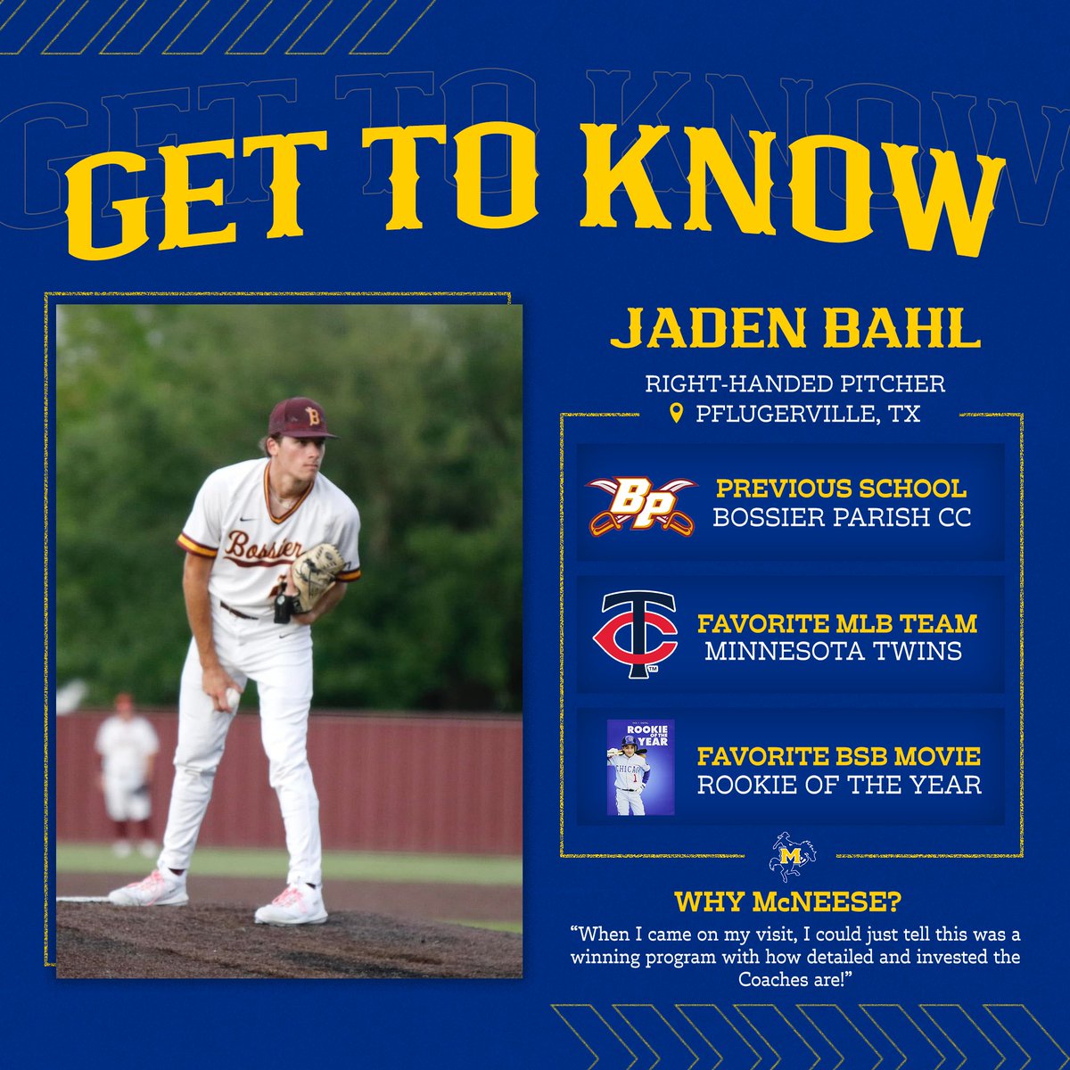 Get to Know: Jaden Bahl 🤠⚾️

Bahl, a right-handed pitcher from Pflugerville, TX, joins the program from Bossier Parish Community College. 

He appeared in 14 games for the Cavaliers during the 2025 season, making eight starts and logging 42.1 innings with 48 strikeouts.