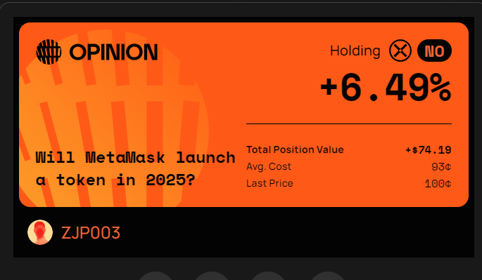 My position on <a href="/opinionlabsxyz/">Opinion ⁒</a> is at +6.49% PnL on "Will MetaMask launch a token in 2025?".
Trade with me or against me.

 app.opinion.trade/share?id=0x4d9…