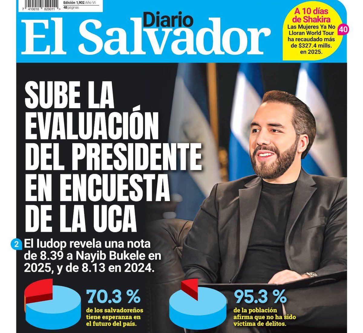 Cada año aumenta la aceptación de los salvadoreños por nuestro presidente <a href="/nayibbukele/">Nayib Bukele</a> por su trabajo y compromiso al frente del país. 🇸🇻

La población expresó su opinión sobre el trabajo que realiza el presidente, otorgando una calificación de 8.39 a su desempeño durante 2025.