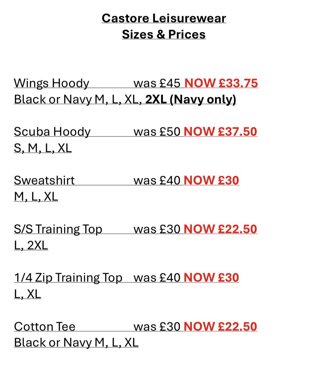 Hallam FC Leisurewear Sale 🛍️ 

Here’s another snapshot and price list for our Castore leisurewear sale with the great reductions. 

All available to purchase on our online shop at Hallamfc.co.uk, or available in person this Friday from 6pm or on matchdays.

#HallamFC