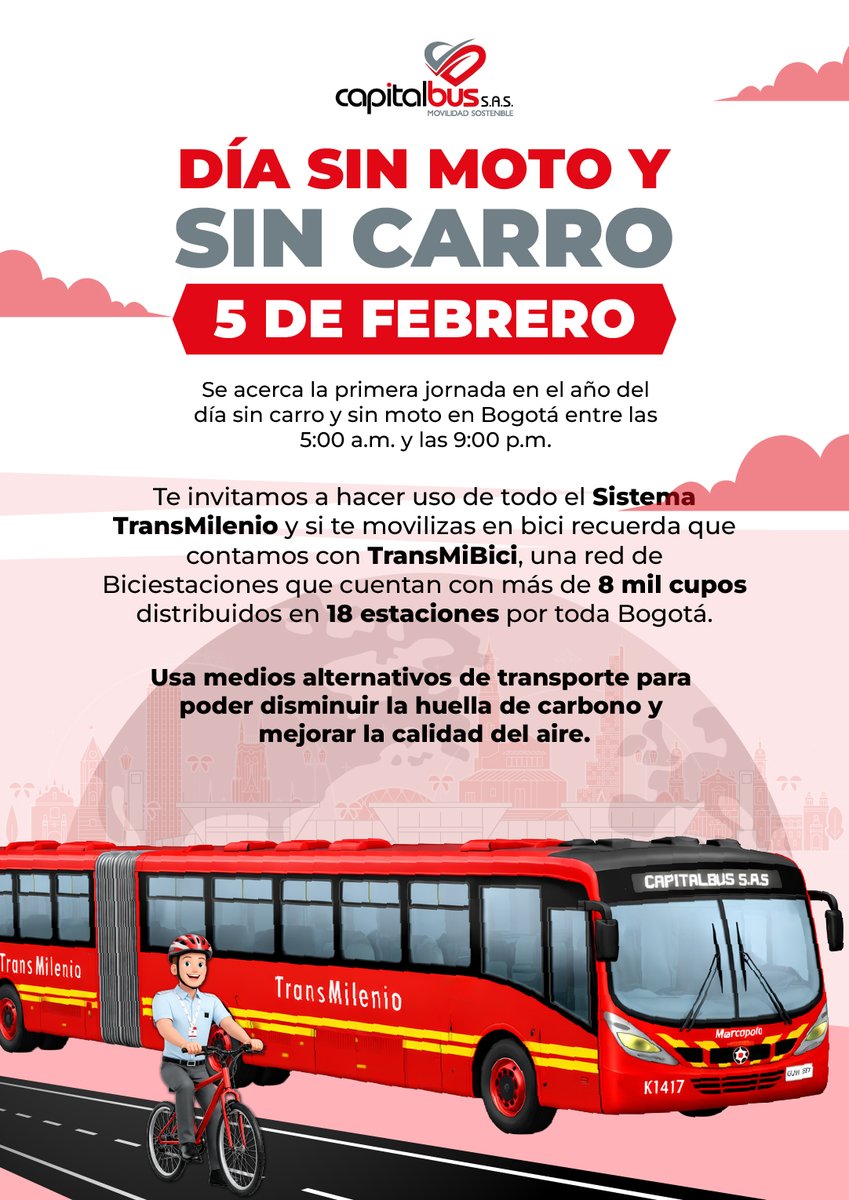 Este 5 de febrero, súmate al Día sin Moto y sin Carro 🚫🚗🏍️
Muévete en TransMilenio o en bici con TransMiBici y ayúdanos a reducir la huella de carbono y mejorar la calidad del aire 🌱🚍
#DiaSinCarro #MovilidadSostenible #Bogotá #Capitalbus