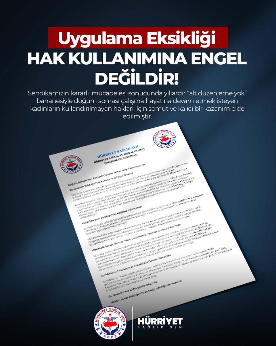 HAK VERİLMEZ, MÜCADELEYLE ALINIR! ⚖️

Sağlık çalışanlarının yıllardır "yönetmelik yok" denilerek engellenen Doğum Sonrası Yarı Zamanlı Çalışma Hakkı, verdiğimiz kararlı hukuki mücadele sonucunda artık yargı güvencesinde! 

İstanbul’daki bir üyemiz adına açtığımız davada mahkeme