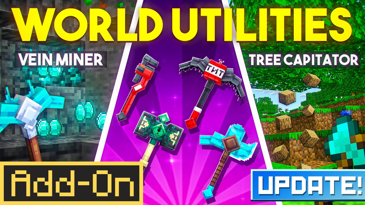 GamefamCraft's tweet photo. A new update to the World Utilities Add-On has released on the @MinecraftMarket! 🚨 

➕ The Controller can now be used in survival mode! 
➕ Utilities can now be used without being in your inventory!
➕ Durability is now enabled on tools by default! 
➕ Netherite versions of 4 tools!
➕ Colored Grab Bags!
➕ 30 other QOL changes and bug fixes!

🔗https://t.co/83b58iYXT3

#Minecraft #MinecraftMarketplace