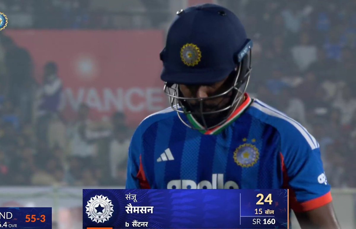 Sanju Samson out bowled by Santner for 24! 

India 55/3 in 6.4 overs vs 216

Early top order collapse after powerplay promise!
#indvsnz4tht20 #INDvNZ #cricbuzzlive