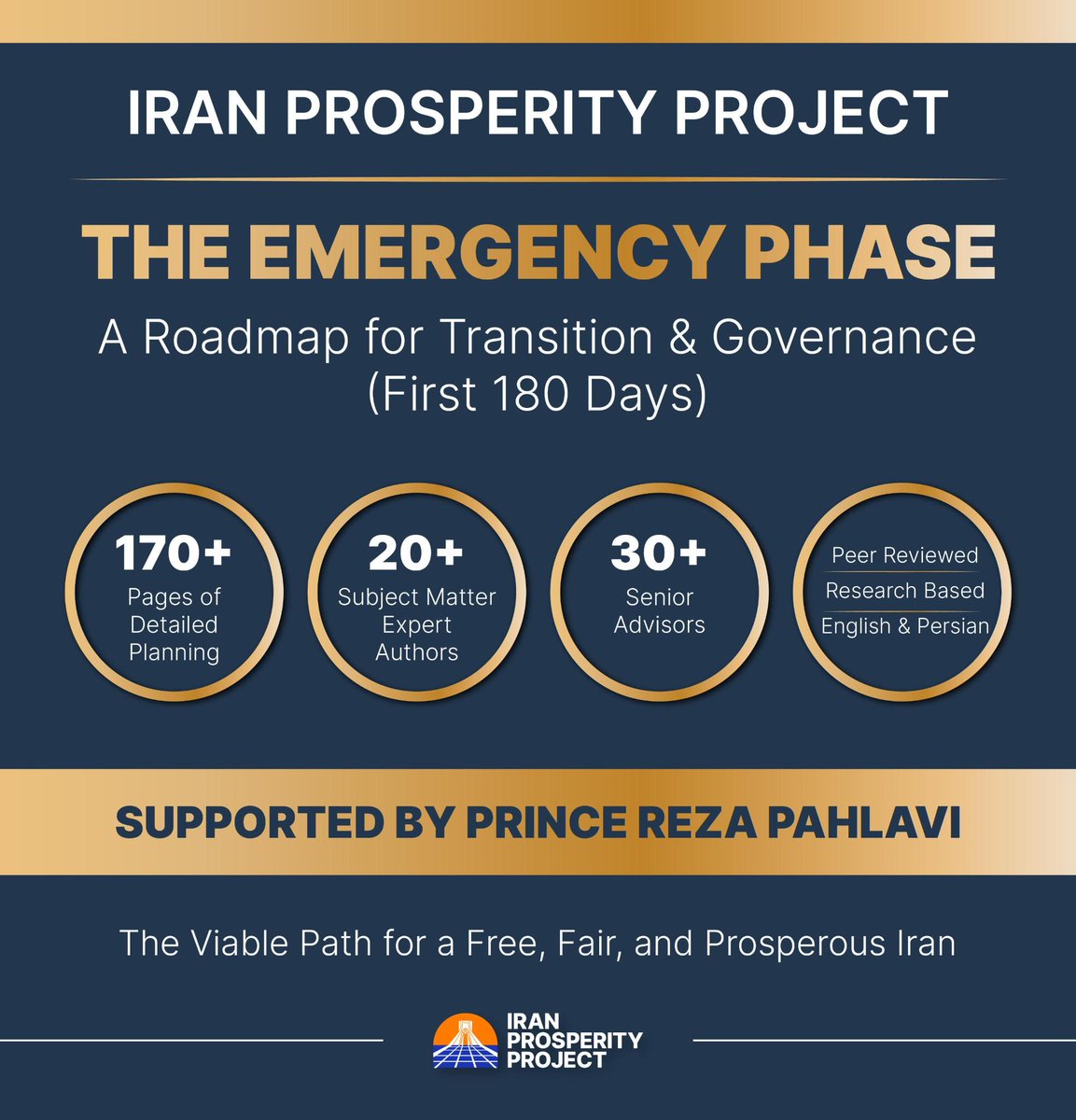 PahlaviComms's tweet image. The Iran Prosperity Project outlines a practical roadmap for a transitional government after the regime’s collapse.

The plan prioritizes public order and essential services, dismantles repressive structures, and lays the foundation for a stable, prosperous, democratic future.