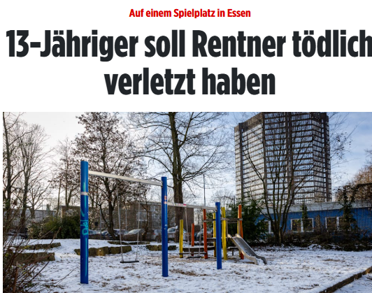 #Essen: Senior totgeschlagen - Täter nicht strafmündig! Nach der tödlichen Attacke auf einen 80-jährigen Mann auf einem Spielplatz ging die Polizei davon aus, dass der Rentner von einer Gruppe Jugendlicher angegriffen worden sei. bild.de/regional/essen…