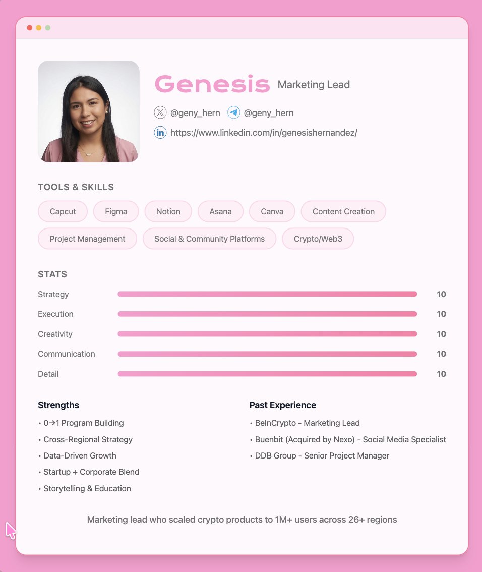 not gonna lie, this is actually genius

been seeing everyone post their skill cards and decided to join. if you're hiring for marketing in crypto/web3, i'm your girl:

✨ 1M+ users scaled
✨ 26+ regions activated
✨ 0→1 program building expert

thank you <a href="/savebaddies/">savethebaddies</a> &amp;