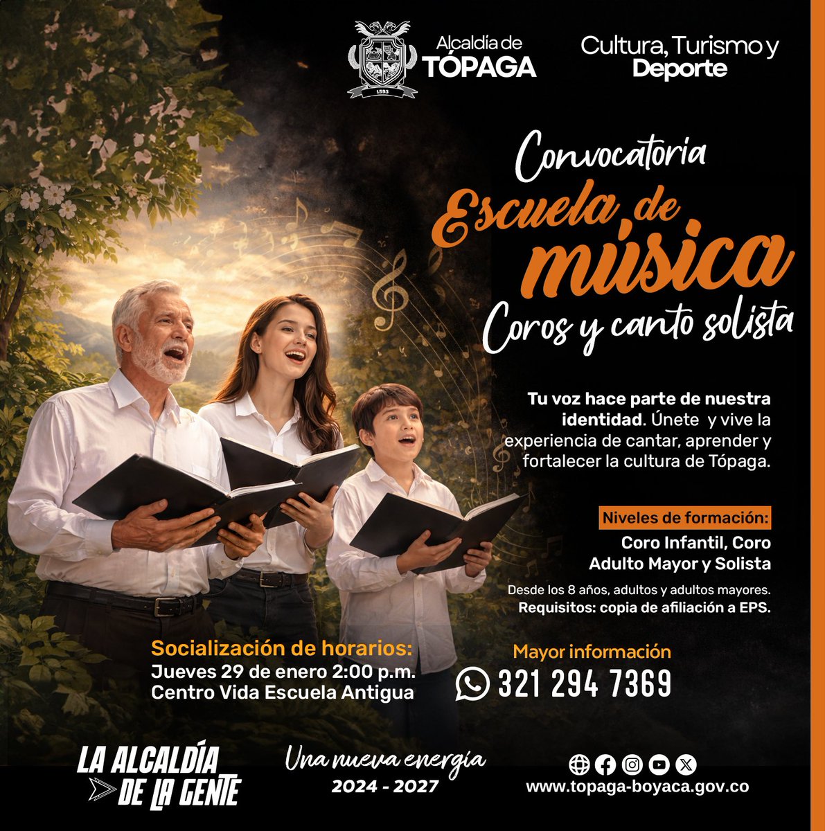 🎶 La voz también construye identidad 🎶

La Alcaldía de Tópaga invita a la comunidad a participar en la Escuela de Música – Coros y Canto Solista, un espacio de formación para niños, jóvenes y adultos que desean expresar su talento a través del canto.