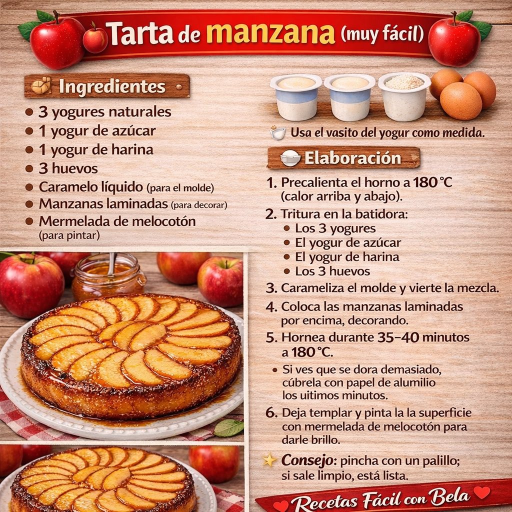 🍎 Tarta de manzana (muy fácil)

🛒 Ingredientes
•3 yogures naturales
•1 yogur de azúcar
•1 yogur de harina
•3 huevos
•Caramelo líquido (para el molde)
•Manzanas laminadas (para decorar)
•Mermelada de melocotón (para pintar)

recetasfacilconbela.com

#tartas