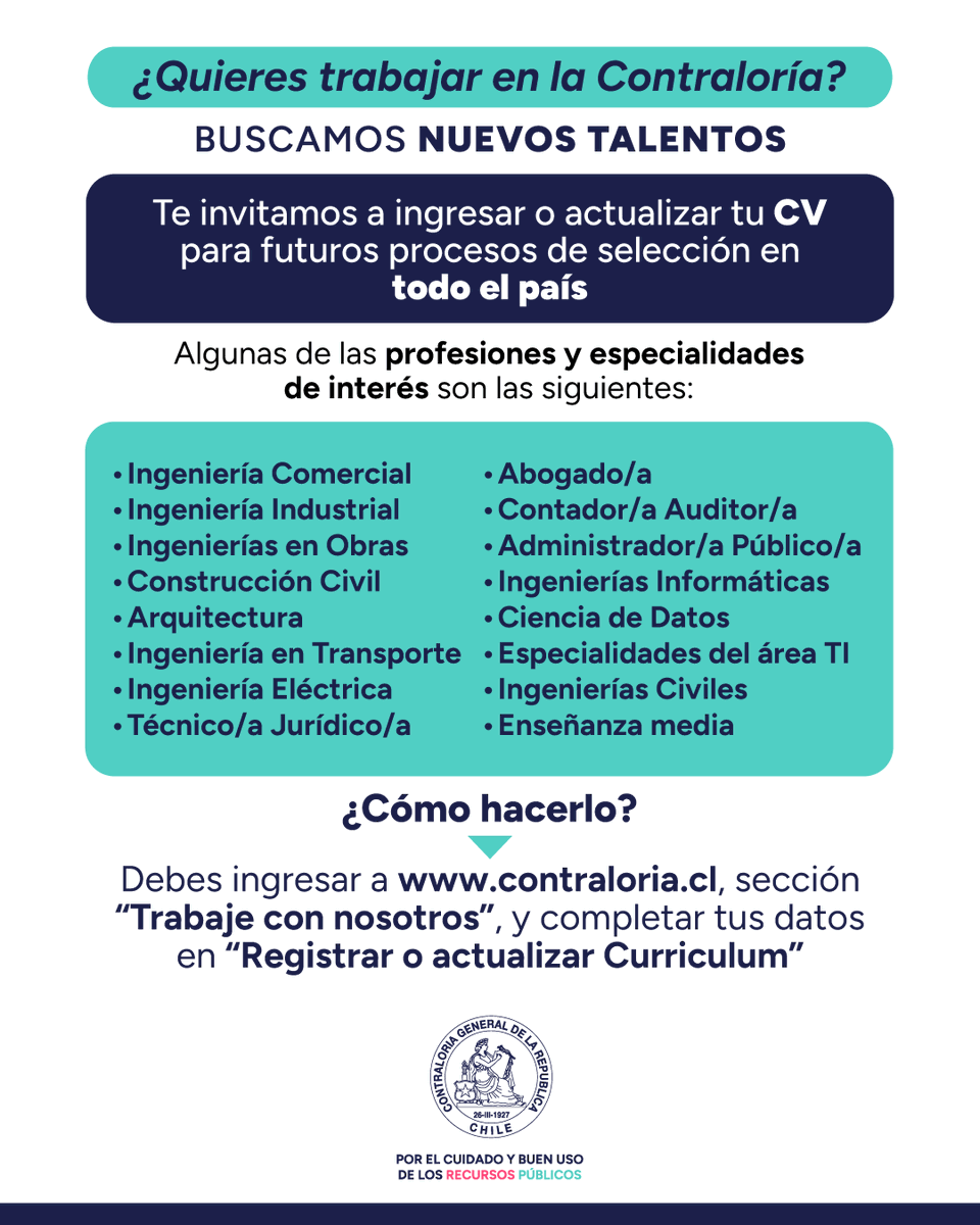 ¿Buscas oportunidades laborales?
La Contraloría General de la República te invita a registrar o actualizar tu CV para futuros procesos de selección.
👉 contraloria.cl