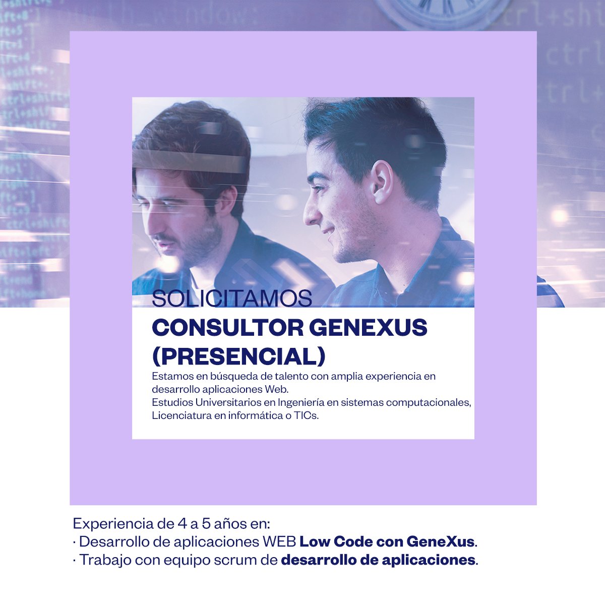 BISWTC's tweet photo. Solicitamos consultor GeneXus
Desarrollo de aplicaciones web Low Code con GeneXus.

📍Residir en #CiudaddeMéxico, la #vacante es presencial.

Envía tu CV a: recursoshumanos@bism.com.mx o escríbenos por WA al 56 4611 7588

#BISSOLUCIONES #VacantesGeneXus https://t.co/bVpKuD8UkE