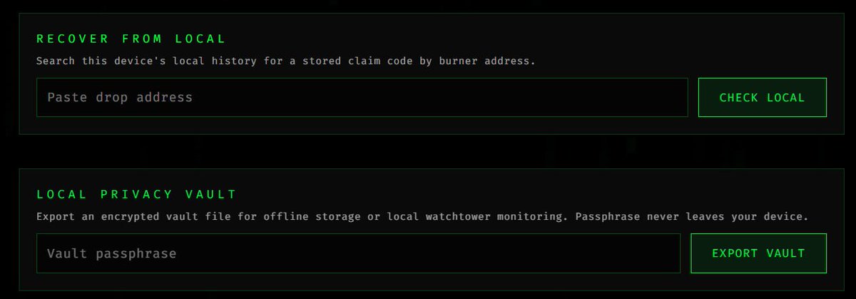 HitmanNoLimit's tweet photo. Local Privacy Vault + Watchtower is live.
What’s new:
Encrypted vault export claim codes stay on your device
Outbound‑only watchtower CLI for monitoring drops
New filters + JSON output for clean alerts

Benefits:Better privacy (no servers, no tracking)
Safer recovery (offline vault backups)
Reliable monitoring for unclaimed drops

GitHub: https://t.co/vdUBMbOphj
Web app: https://t.co/6wXxsZibh4
ca: 6wKRRP1c2gkWESch723bmgCWiBYiYvn4krspZXdApump