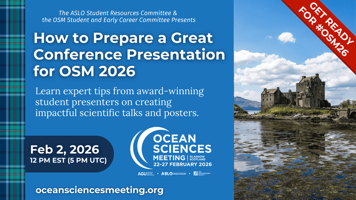aslo_org's tweet photo. Get ready to shine at #OSM26! Join us for our upcoming webinar “How to Prepare a Great Conference Presentation for OSM 2026."
Learn practical tips and real-world strategies from #ASLO Student Presentation Award winners on how to create standout talks and posters for the Ocean Sciences Meeting in Glasgow (Feb 22–27, 2026).
📆 Monday, February 2
⏰ 12 pm EST (9 am PST/5 pm UTC)
💬 Ask questions, join breakout rooms, and bring your draft presentation!
Open to all students, early career researchers, and anyone who wants to present with confidence.
Register for the free event: https://t.co/aCZ8AY8jeE