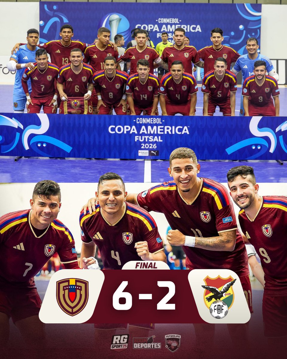 ¡Venezuela a semifinales! 🇻🇪

La Vinotinto de Futsal derrotó 6-2 a Bolivia y selló su clasificación a las semifinales de la Copa América. ⚽️😮‍💨

​El próximo reto será mañana ante Brasil, donde buscarán terminar la fase de grupos con puntaje ideal. 

#vinotintofutsal #Futsal