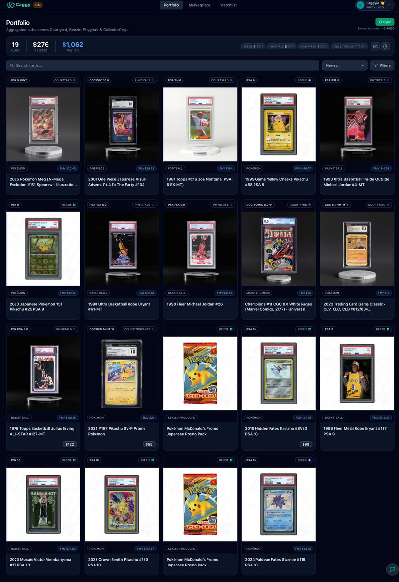 I collect tokenized cards on Beezie, Courtyard, Phygitals &amp; CollectorCrypt.

Got tired of checking 4 sites to see what my collection is worth – so I built caggy.io

📊 Portfolio value across all platforms 🔍 Cross-platform search 💰 Spot price differences for the