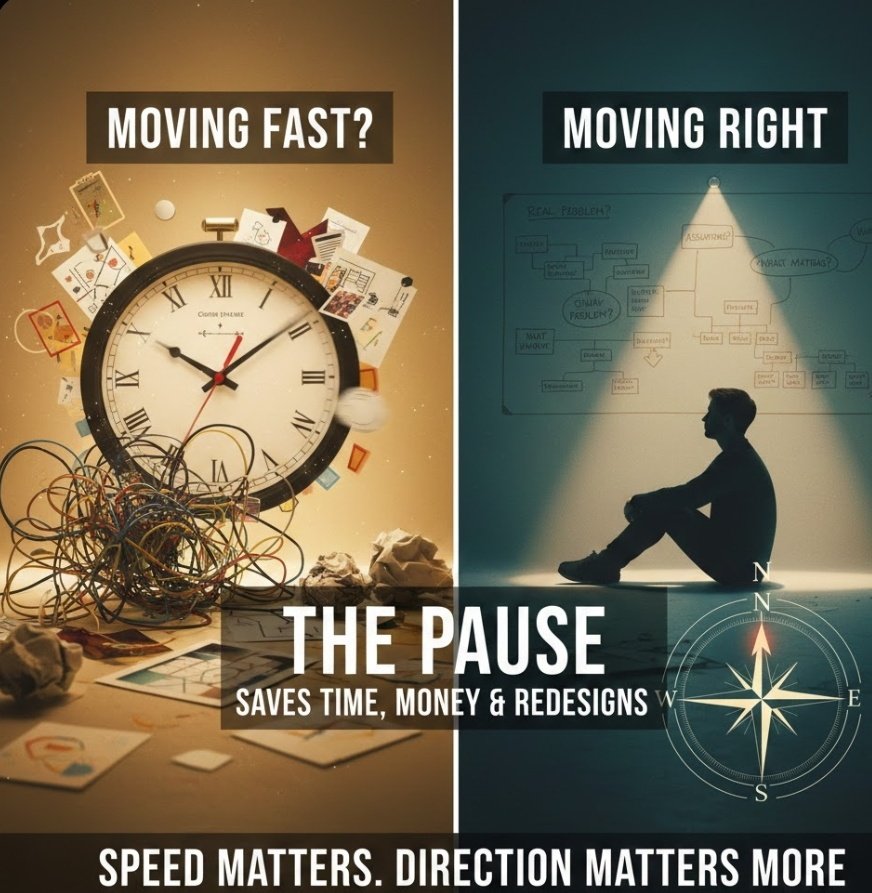 Good designers don’t just move fast.
They pause at the right moments.

To clarify the real problem.
Question assumptions.
Decide what truly matters.

That pause saves time, money, and redesigns.

Speed matters.
But direction matters more.

Are you moving fast… or moving right?