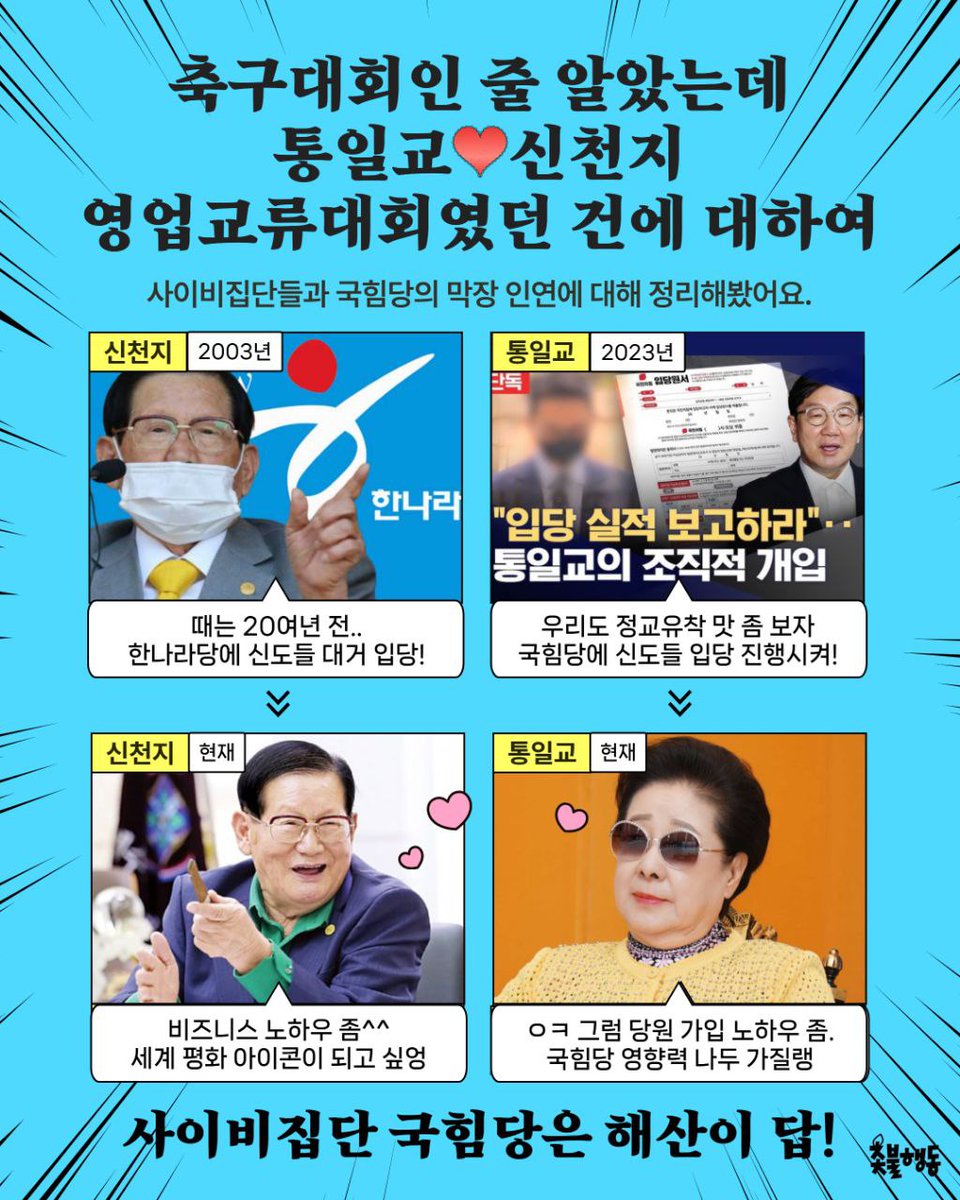 신천지와 통일교가 간부축구대회를 열고 서로의 영업 노하우를 나눴다고 합니다.

이명박 한나라당 때부터 신천지가 대거 입당했고, 그 이후로 박근혜-윤석열때도 대규모로 입당했습니다. 그 입당 노하우를 배우려고 통일교가 신천지랑 만나고 다녔다는 것 입니다.

도대체 국힘당은 누가 운영하는
