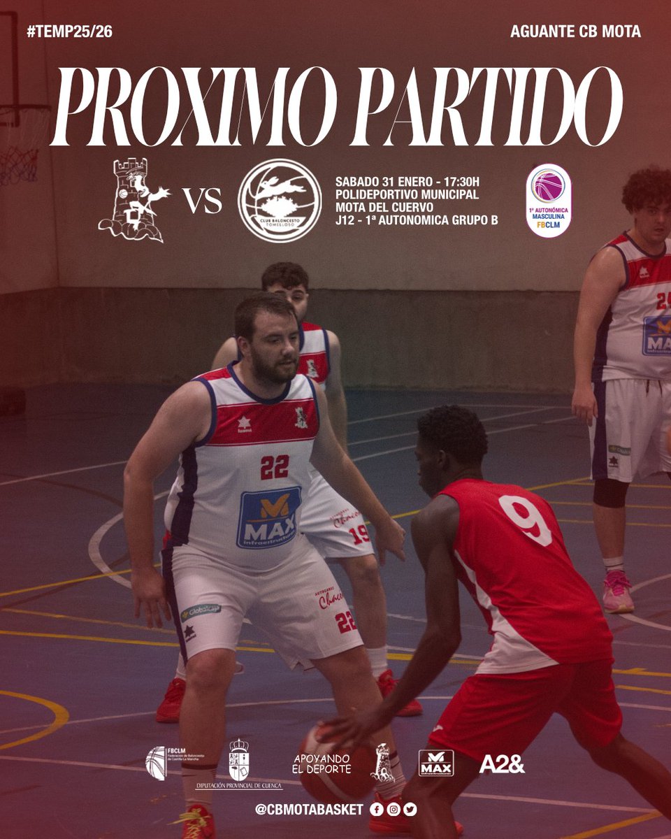 🏀🔥 JORNADA 12 🔥🏀

📅 Sábado 31 Enero
🕢 17:30
📍 Polideportivo Municipal
🆚 <a href="/cbttomelloso/">Club Baloncesto Tomelloso</a>  

💥 ¡Ven a apoyar al equipo y vive el baloncesto en estado puro!
❤️🖤 #CBMota #Gameday #UnaMotaUnida #Temp25_26