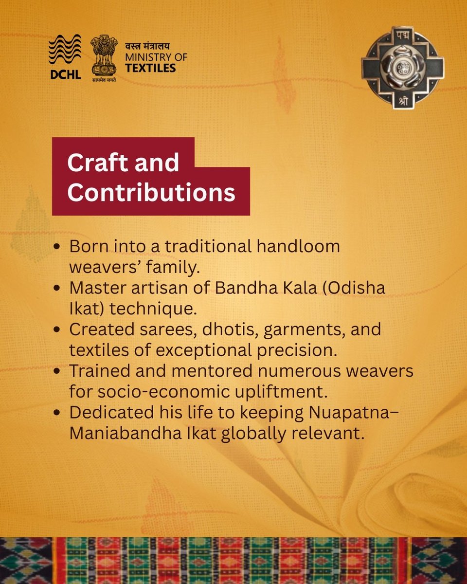 dchandlooms01's tweet image. Padma Shri 2026 honors Sarat Kumar Patra, pioneering Ikat weaver from Odisha. His mastery of natural dyes and innovation in Ikat preserves Odisha’s rich textile legacy and inspires future generations. 🇮🇳

#padmashri #Ikat #textiles #awardees #odisha #handlooms #odishaikat