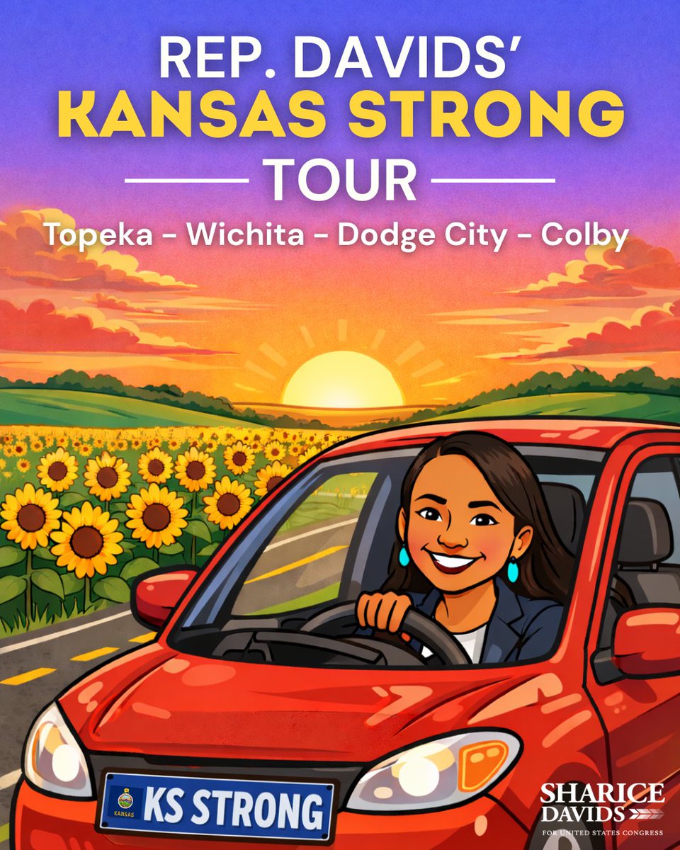 I’m hitting the road 🚗💨! My #KansasStrongTour kicks off tomorrow. I can’t wait to listen to folks across the state and share how I’m working for Kansas families. See you there!