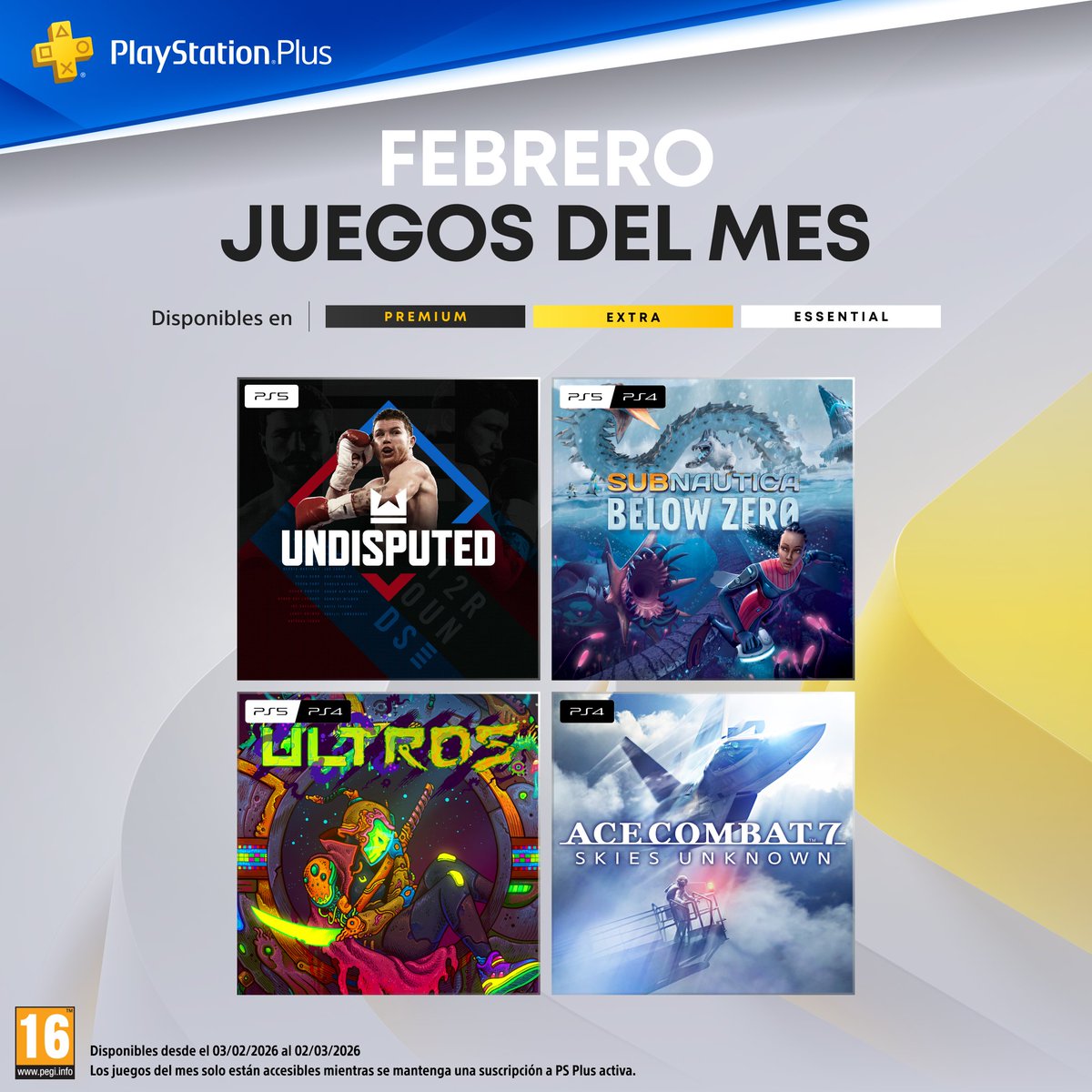 PSPlusES's tweet image. ¡Descubre los #JuegosDelMes de FEBRERO de #PlayStationPlus!
🥊Boxea en #Undisputed
🤿Sobrevive bajo el agua en #SubnauticaBelowZero
🌱Explora el psicodélico mundo de #Ultros
✈Sube a las cabinas de mando en #AceCombat7: Skies Unknown
Toda la info: bit.ly/JdMFeb26