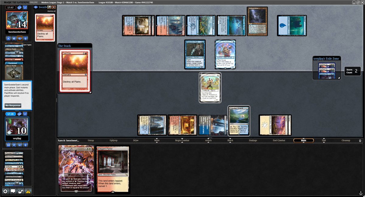¡Flashfires wow!😅Por increible que parezca he estado apunto de remontar este game, he llegado a 4 tierras le he tirado wrath of the skies teniendo Solitude y Starfield en mano, y sus 2 últimas cartas eran counterspell y arena of glory, si le barria el campo ganaba jaja