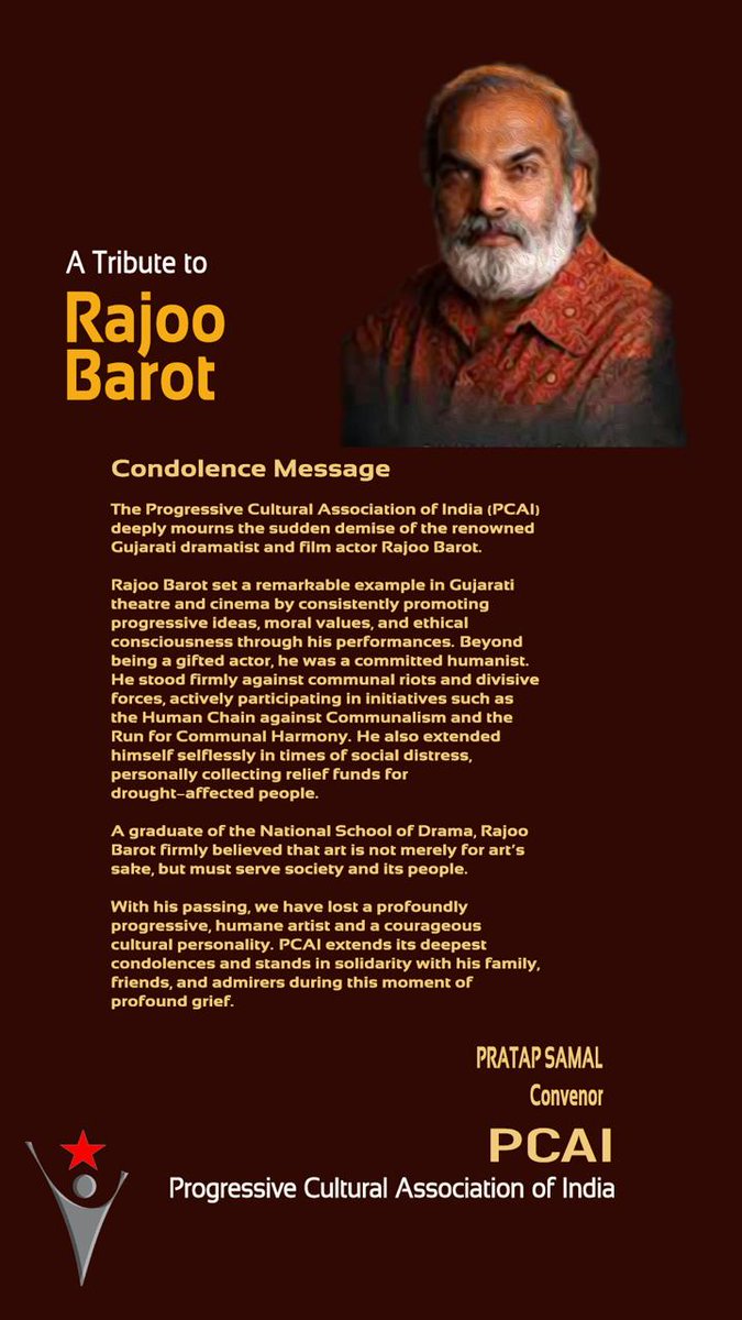Progressive Cultural Association of India (PCAI) deeply mourns the sudden demise of Rajoo Barot.