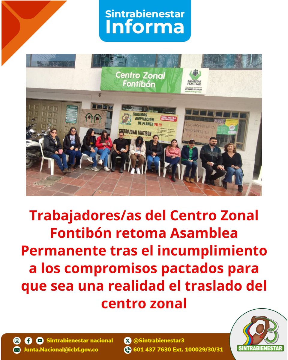 #SINTRABIENESTARINFORMA #SINTRABIENESTARINFORMA  trabajadores/as del  CZ Fontibon del <a href="/ICBFColombia/">Bienestar Familiar | ICBF</a>  retoman Asamblea Permanente tras el incumplimiento a los compromisos pactados para que sea una realidad el traslado de la sede.