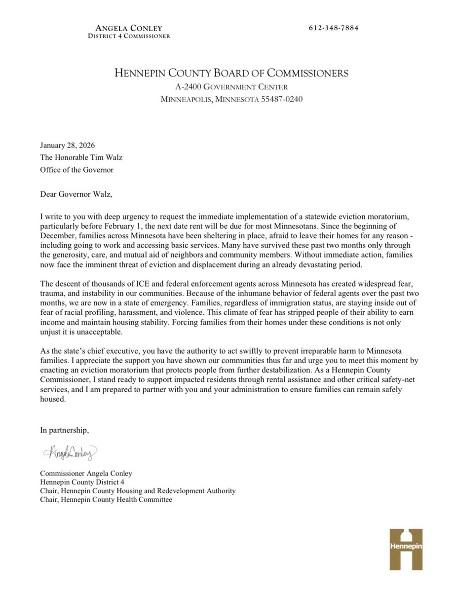 D4Commish's tweet image. Today I sent Governor Walz an email urgently requesting an eviction moratorium ahead of Feb. 1st- rent will be due for many Minnesotans that have been sheltering in place due to the inhumane behavior of ICE. Relying solely on the generosity of neighbors is not fair or feasible.