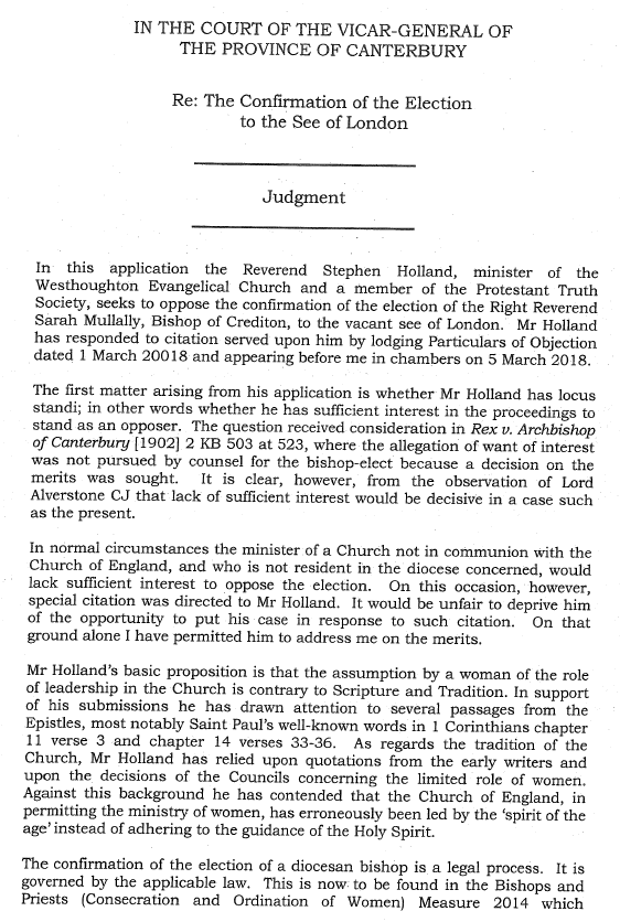 First page of the Vicar-General of Canterbury's judgment dismissing an objection to the confirmation of Sarah Mullally's election as Bishop of London. For the full document, see the CBAI record: cbaionline.org/corpus/items/s…