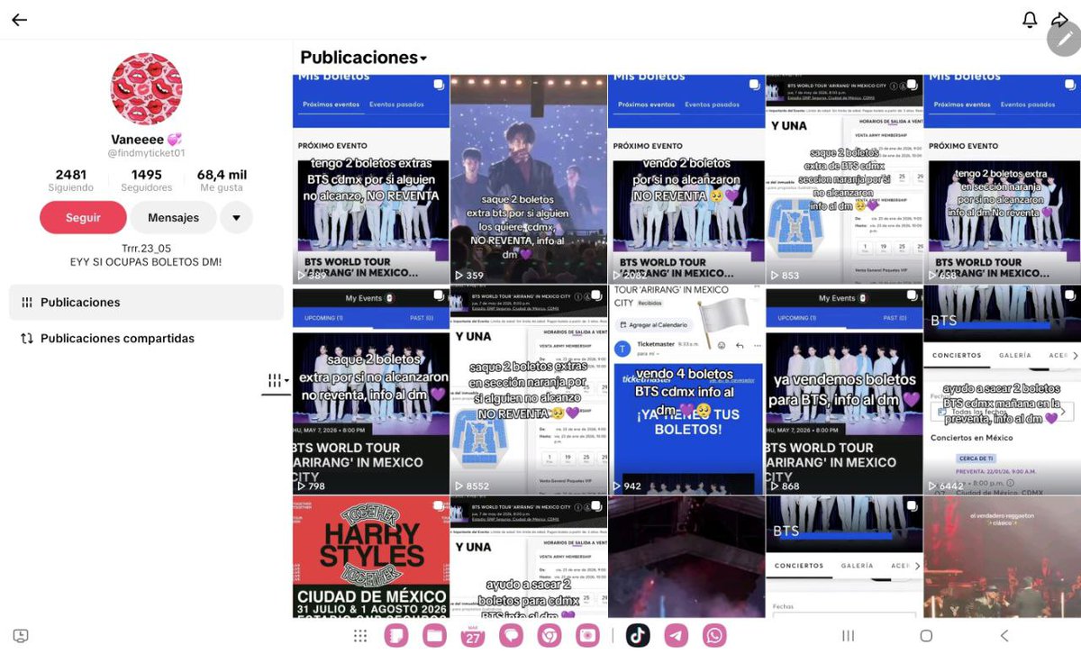 estrellaes26's tweet photo. @streambtsmexico Esta persona esta en todas las publicaciones ofreciendo boletos q según no puede ir 
De echo le comente que era revendedor y dijo q no pero sigue publicando en todos lados donde hablen de los chicos https://t.co/vuUytAN2xZ