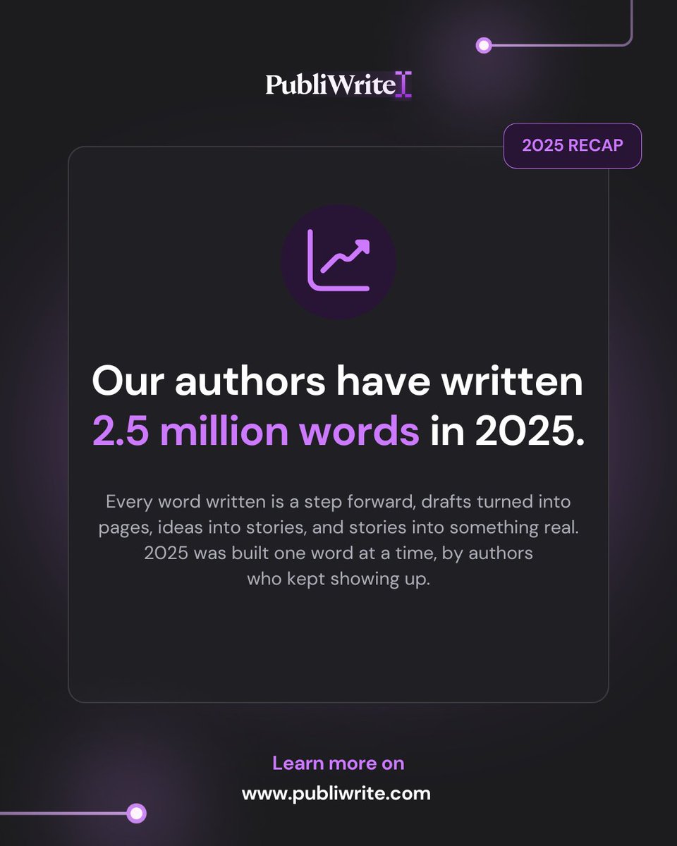 PubliWrite's tweet photo. What a year.

In 2025, the PubliWrite community:
📖 Published 1,500 new titles
👥 Welcomed 2,500 new authors
✍️ Wrote 2.5 million words
Stories were written, refined, and shared, one page at a time.
Thank you to every author who made this possible 💜 https://t.co/NEeG2GDgpZ