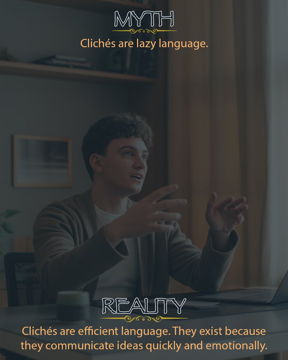 Myth: Clichés are lazy language.

Reality: Clichés are efficient language. They compress big emotions and complex ideas into words we instantly understand.

#briansbradley #theclichechronicles #authenticexpression #healingcontent #deepreadersclub
