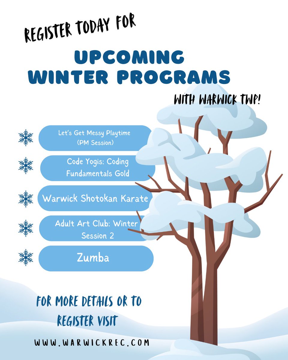 There's still time to register for Winter Programs with Warwick Township!  Visit warwickrec.com to get more details or to register.