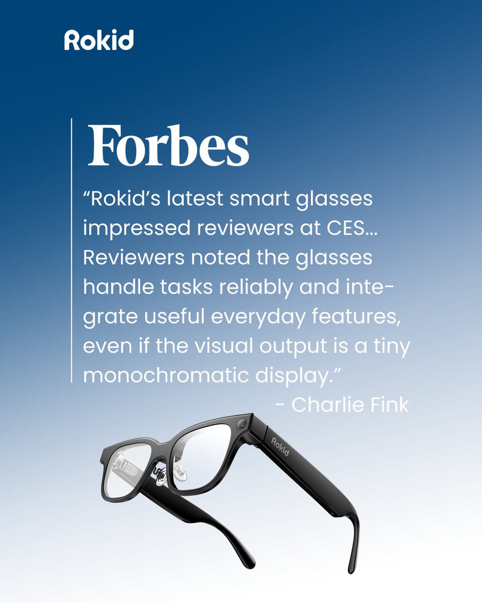 RokidGlobal's tweet image. Reliable. Practical. Everyday-ready.
Forbes on Rokid  Glasses  👓
#Rokid #AIGlasses #SmartGlasses #CES #Forbes