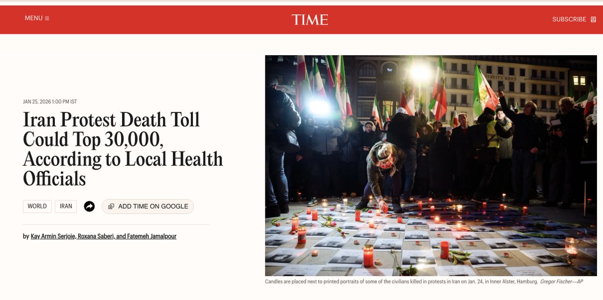 Protesters killed in Iran:
30,000 (Time Magazine)
36,500 (Iran International)
50,000 (Sunday Times citing Reza Pahlavi)

🇺🇳 U.N. General Assembly reaction:
0 resolutions
0 ICJ referrals
0 emergency sessions

<a href="/UN_PGA/">Annalena Baerbock</a>, why are you silent as the IRGC slaughters tens of thousands?