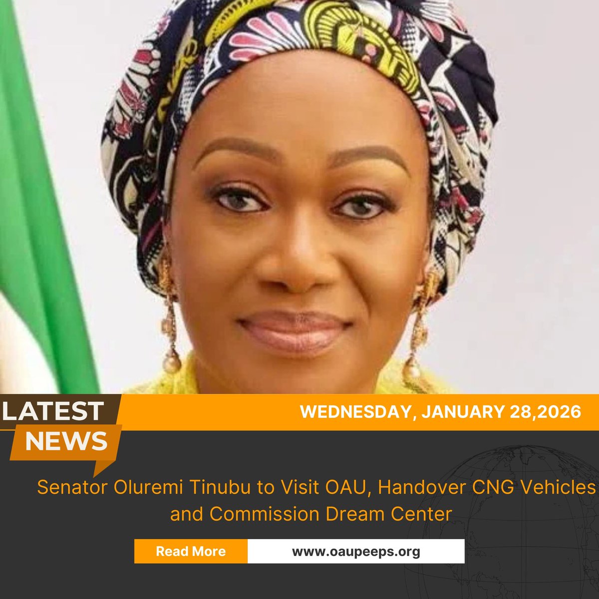 OAUpeeps's tweet photo. 🚨 Senator Oluremi Tinubu to Visit OAU, Handover CNG Vehicles and Commission Dream Center
Obafemi Awolowo University (OAU), Ile-Ife, is set to host the First Lady of the Federal Republic of Nigeria, Her Excellency, Senator Oluremi Tinubu, CON
https://t.co/QiqSGM8xqw to read more https://t.co/tXNpVvtzV4