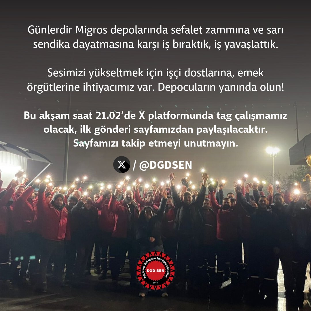 Günlerdir Migros depolarında sefalet zammına ve sarı sendika dayatmasına karşı iş bıraktık, iş yavaşlattık.

Sesimizi yükseltmek için işçi dostlarına, emek örgütlerine ihtiyacımız var. Depocuların yanında olun!

Bu akşam saat 21.02’de X platformunda tag çalışmamız olacak, ilk
