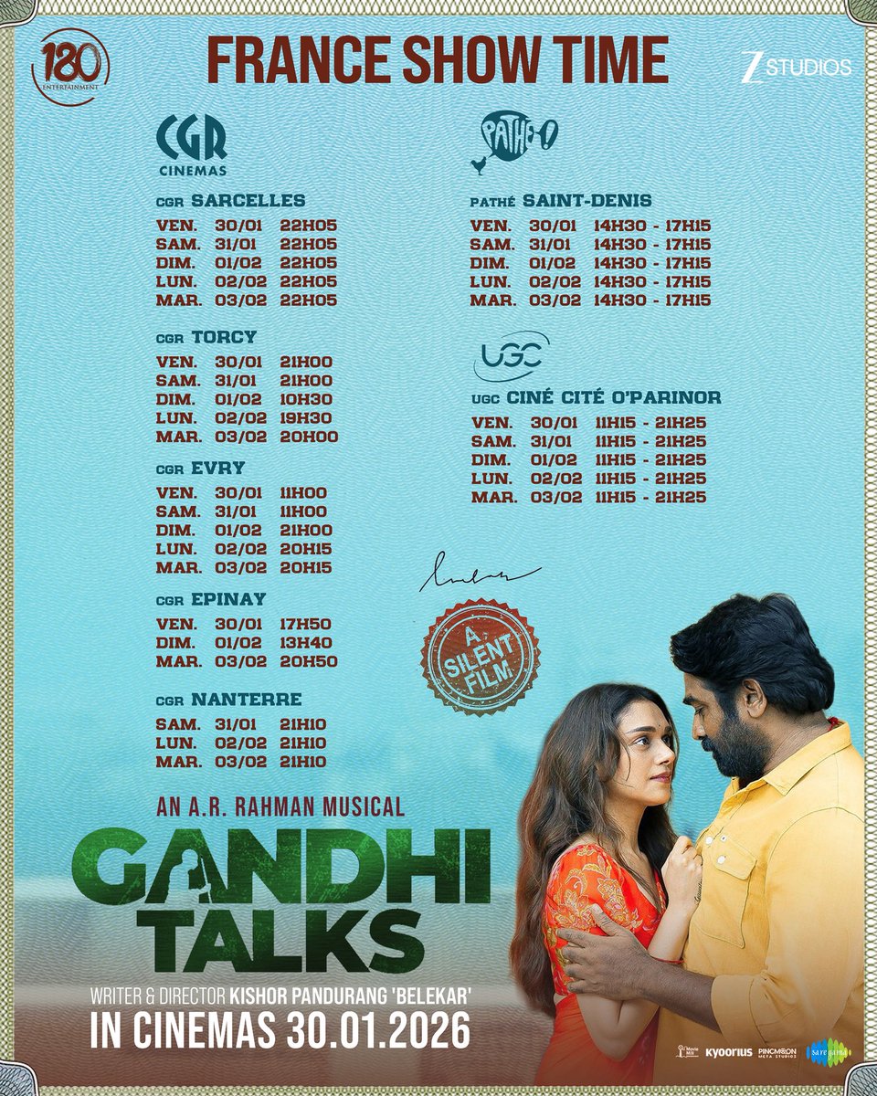 ✨ L’expérience cinématographique la plus intrigante de l’année, #GandhiTalks, arrive en salle exclusivement le 30 janvier.

🎟️ Horaires des séances de Gandhi Talks — trouvez les cinémas près de chez vous !

#VijaySethupathi #AravidSwamy #aditiraohydari #TamilMovie