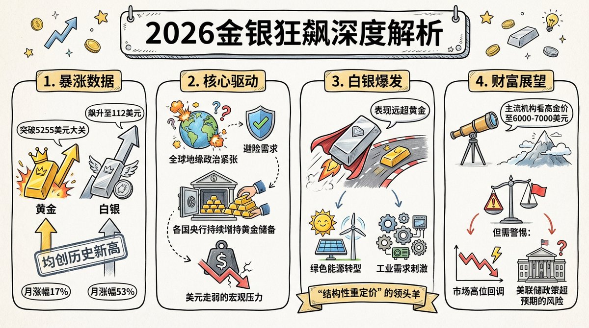 白银狂飙53%！
金价破5300创新高
2026开年“暴富行情”真相曝光🤩

最近关于金银的涨势
全网各种新闻不断报道
各种群和身边的人也在讨论
貌似大家都在赚钱

其实，
这一波上涨主要是全球地缘政治紧张带来的避险需求、各国央行持续增持黄金储备，以及美元走弱的宏观压力等等各方面原因引起的
