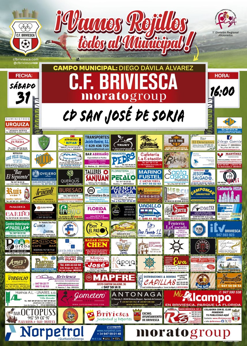 📢𝗣𝗥𝗢𝗫𝗜𝗠𝗢 𝗣𝗔𝗥𝗧𝗜𝗗𝗢⚽️
➡️#BriviescaSanJose🫶
🏆Jor.1⃣8⃣ #1ªDivisionRegional
🏟️Diego Dávila Álvarez
📍#Briviesca
⚽️#cfbriviescamoratogroup
🆚<a href="/cdsanjosesoria/">C.D. San José</a> 
📆Sábado 3⃣1⃣👉1⃣6⃣⌚️
🫶#BriviescaCapitalDeLaBureba🫶
#AupaBrivi❤️🤍#VamosRojillos
💚Un pueblo, una ilusión💚