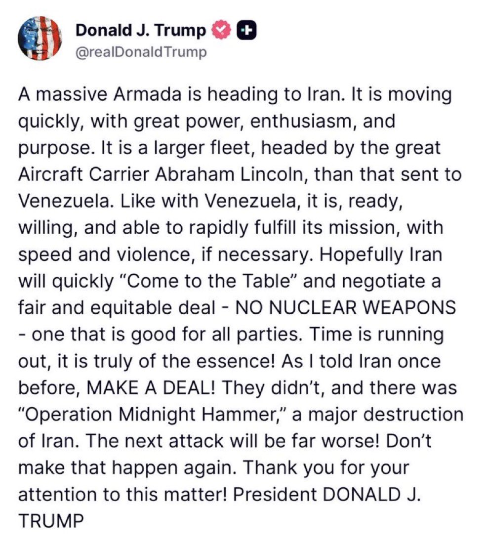 🚨 BREAKING: Trump warns a massive armada is heading toward Iran 🇺🇸⚓
“Time is running out.”
“The next attack will be far worse.” 💥⚠️
#btc #Eth #Iran #Trump