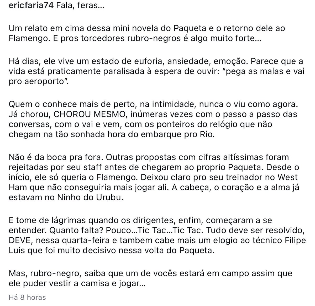 futebol_info's tweet photo. ⚠️ Eric Faria relata bastidores do dia a dia de Lucas Paquetá em meio à novela entre West Ham e Flamengo:

"Há dias ele vive um estado de euforia, ansiedade, emoção. Parece que a vida está paralisada à espera de ouvir: 'pega as malas e vai pro aeroporto'. Quem o conhece mais de perto nunca o viu como agora. Já chorou, CHOROU MESMO, inúmeras vezes.”

📸 West Ham | Reprodução