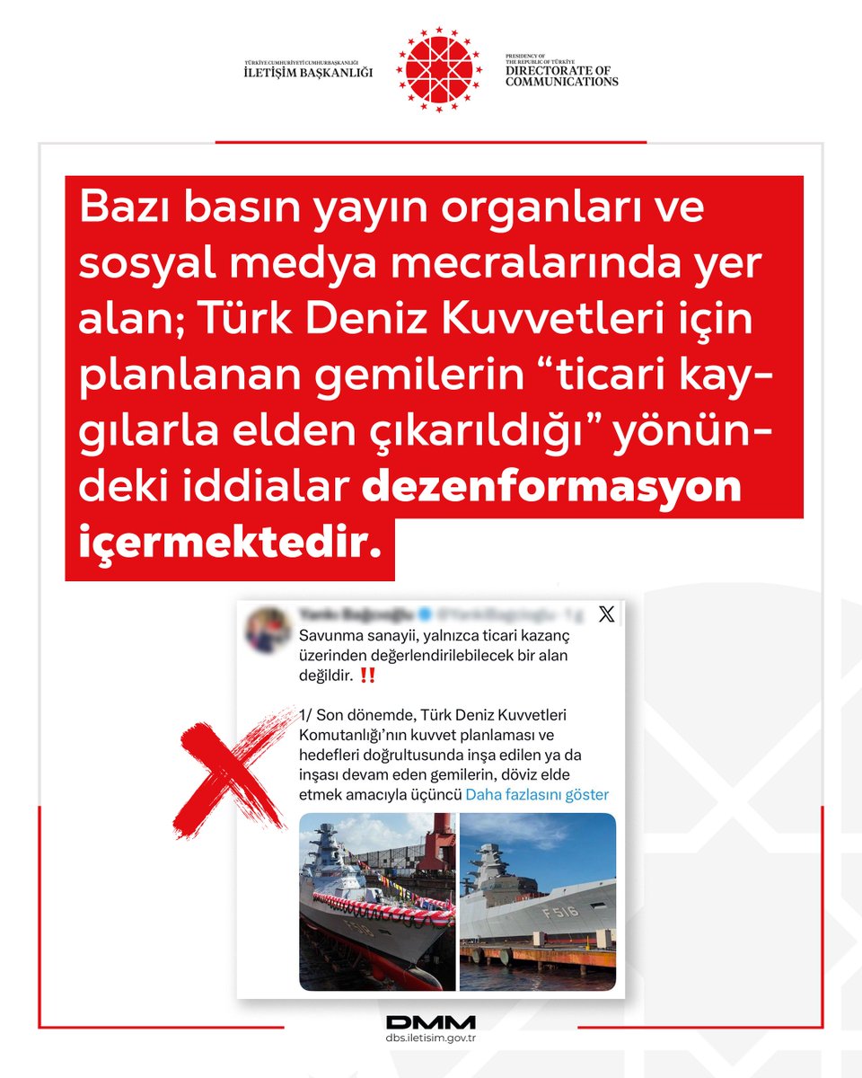 dmmiletisim's tweet image. Bazı basın yayın organları ve sosyal medya mecralarında yer alan; Türk Deniz Kuvvetleri için planlanan gemilerin “ticari kaygılarla elden çıkarıldığı” yönündeki iddialar dezenformasyon içermektedir.

Türkiye, dünyadaki en büyük ve en yetkin donanmalardan birine sahip olup, aynı…