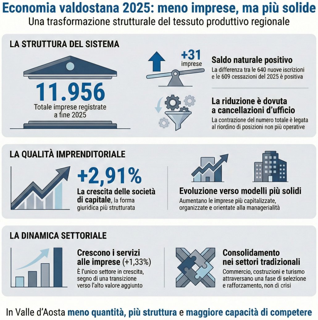 📊 Economia valdostana 2025: meno imprese, ma più solide.

Crescono società di capitale, si rafforzano servizi alle imprese e il Registro restituisce una fotografia più fedele del sistema economico.

Non una crisi, ma una trasformazione strutturale.
ao.camcom.it/it/notizie/nel…