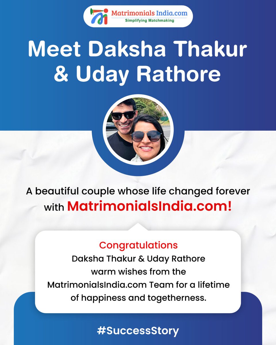 Success Story   

A beautiful couple whose lives changed forever with MatrimonialsIndia.com!  

#SuccessStory #LoveStory #HappilyEverAfter #Matrimony #marriagesite #matrimony #matrimonialsindia