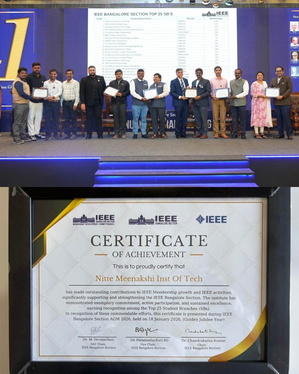 NSOM_BLORE's tweet photo. 🎯 NMIT’s IEEE Student Branch earns Top 25 recognition in the IEEE Bangalore Section, reflecting its commitment to innovation, teamwork and impactful technical learning.

#ProudMoment #NMIT #NitteUniversity #IEEE #IEEEStudentBranch #Top25 #IEEEBangaloreSection #Nitte https://t.co/vdb5E0Hl0g
