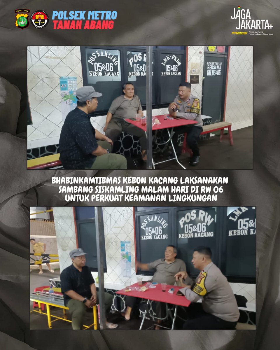 Bhabinkamtibmas Kelurahan Kebon Kacang, Aiptu Suhartono, melaksanakan kegiatan sambang Siskamling di Pos Satkamling RW 06, Jalan Kebon Kacang VII, Kelurahan Kebon Kacang, Kecamatan Tanah Abang, Jakarta Pusat, pada Selasa malam, 27 Januari 2026.